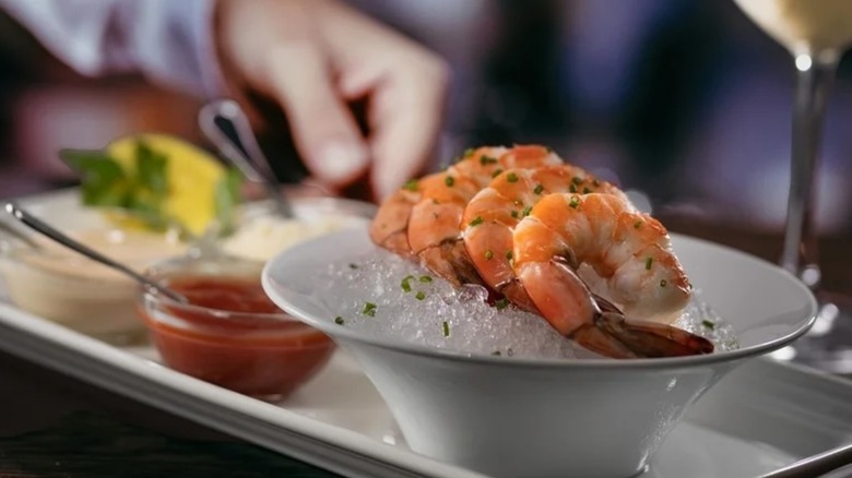 Close-up shot of shrimp cocktail on ice at Eddie V's Prime Seafood