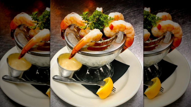 Shrimp cocktail with sauce with dry ice smoke at Morton's The Steakhouse