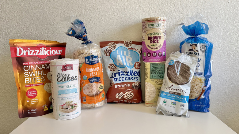 Different rice cake brands on a table