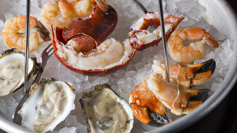 Seafood on ice on a seafood tower
