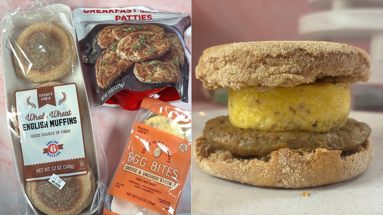 English muffins, sausage patties, egg bites on left; egg and sausage breakfast sandwich on right