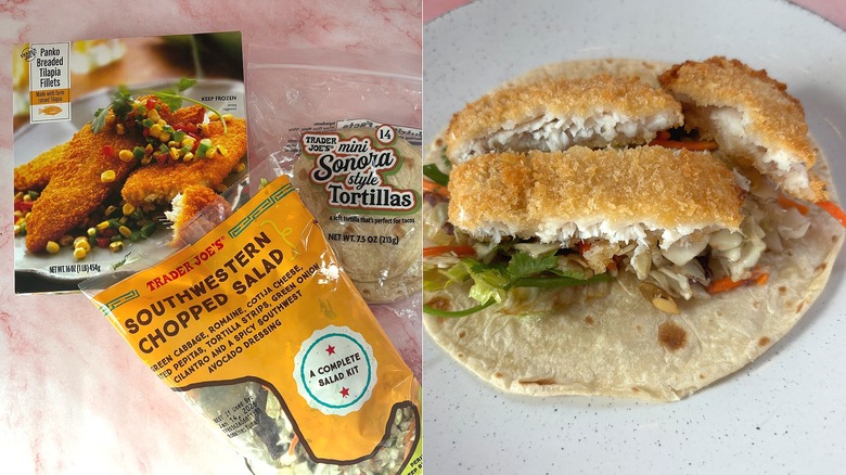 Breaded tilapia filets, Southwestern chopped salad, Sonora tortillas on left; fish taco on right