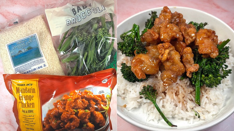 Rice, baby broccoli, orange chicken on left; orange chicken and broccoli bowl on right