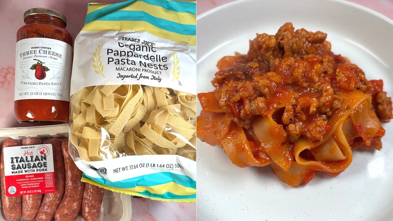 Pasta sauce, pasta nests, Italian sausage on left; pasta and meat sauce on right