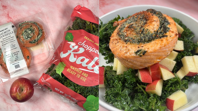 Salmon pinwheels, chopped kale, and apple on left; salmon pinwheel salad on right