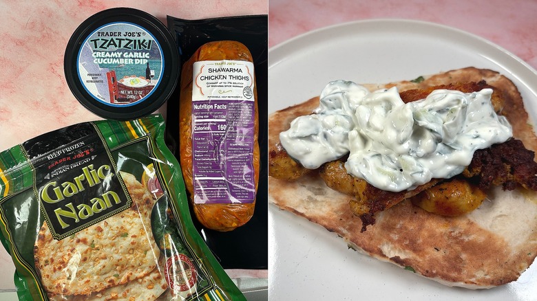Shawarma chicken thighs, garlic naan, tzatziki dip on left; shawarma chicken wrap on right