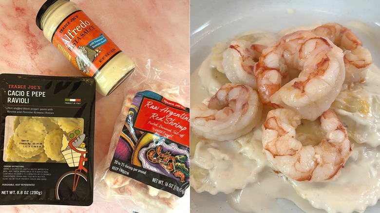 Cacio e pepe ravioli, Alfredo sauce, raw Argentinian red shrimp on left; shrimp and ravioli dish on right