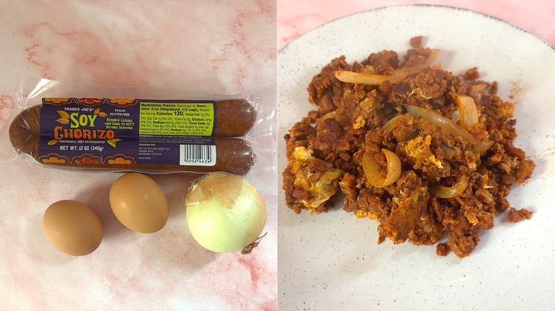 Trader Joe's soy chorizo, eggs, onion on left; soy chorizo scramble on right