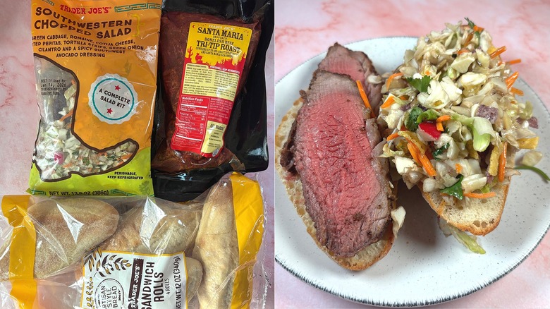 Southwestern salad kit, Santa Maria tri-tip, sandwich rolls on left; open-faced steak sandwich on right
