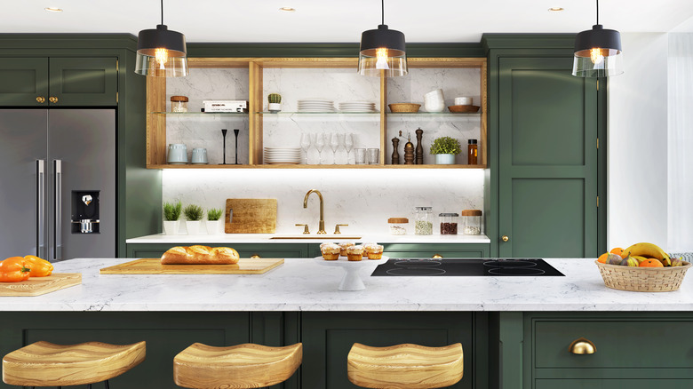 a kitchen with open shelving