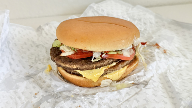 View of SuperSONIC Double Cheeseburger on a wrapper