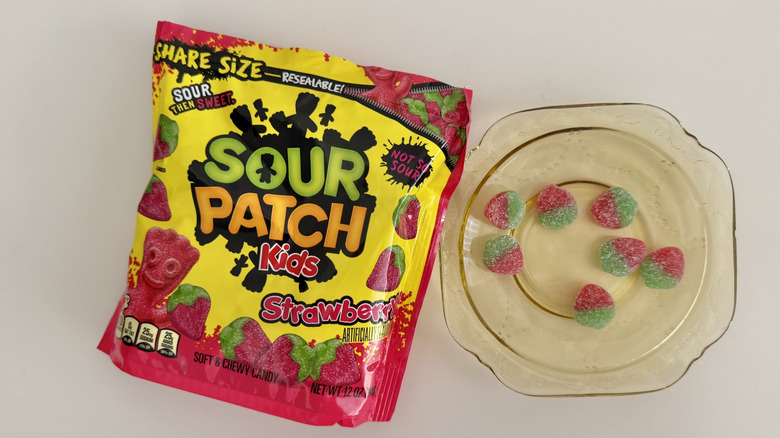 Strawberry Sour Patch Kids on a plate