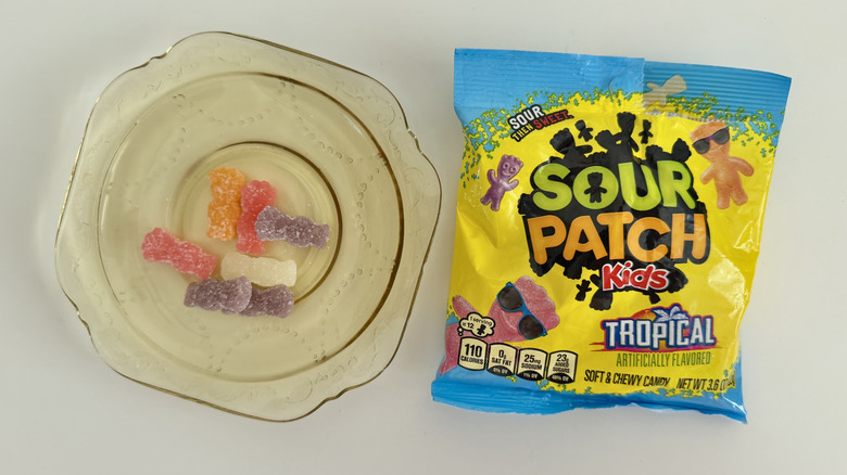 Tropical bag of Sour Patch Kids on a table