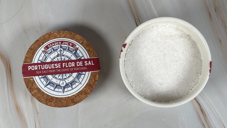 Top-down shot of open container of Trader Joe's Portuguese Flor de Sal