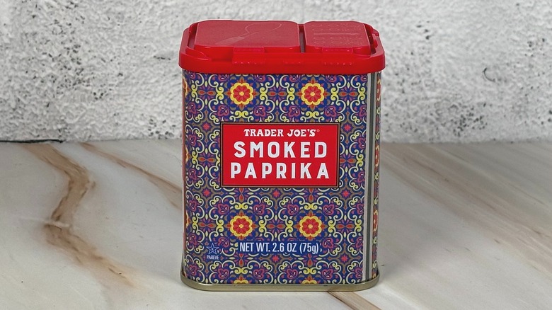 Container of Trader Joe's smoke paprika on table