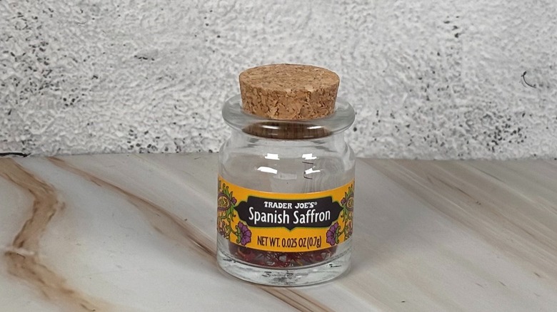 Container of Trader Joe's Spanish saffron on table