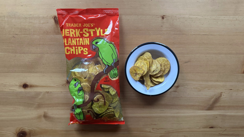 Trader Joe's Jerk-Style Plantain Chips on wooden table