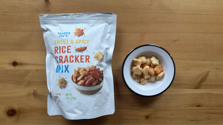Trader Joe's Sweet and Spicy Rice Cracker Mix on wooden table