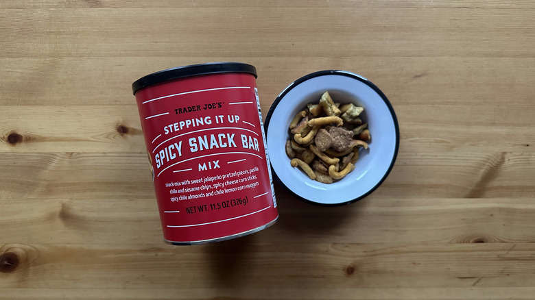 Trader Joe's Stepping It Up Spicy Snack Bar Mix on wooden table