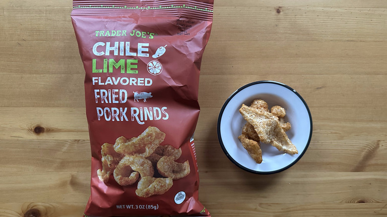 Trader Joe's Chile Lime Flavored Fried Pork Rinds on wooden table