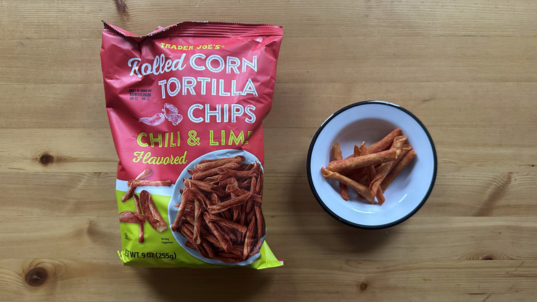 Trader Joe's Chili and Lime Rolled Corn Tortilla Chips on wooden table