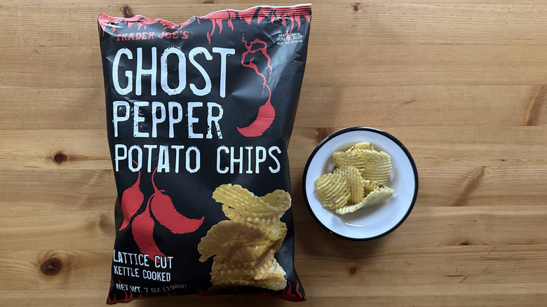 Trader Joe's Ghost Pepper Potato Chips on wooden table