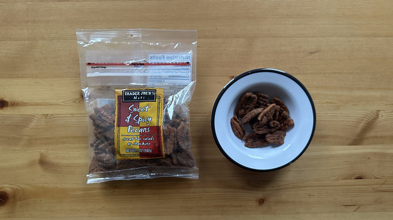 Trader Joe's Sweet and Spicy Pecans on wooden table