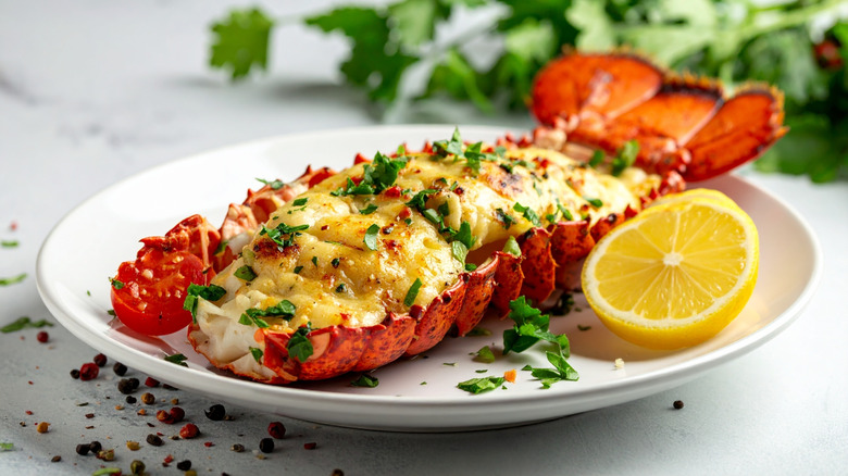 Lobster tail on white plate garnished with greens and lemon