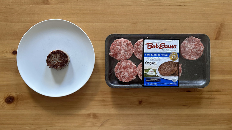 Bob Evans Original Pork Sausage Patties on wooden table
