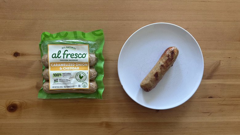 Al Fresco Caramelized Onion and Cheddar Chicken Sausage on wooden table