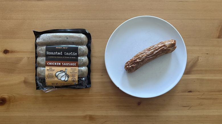 Trader Joe's Roasted Garlic Chicken Sausage on wooden table