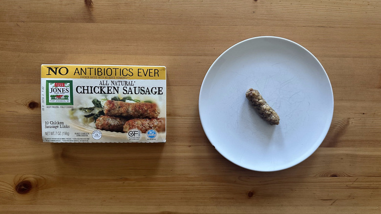 Jones Dairy Farm All Natural Chicken Sausage on wooden table