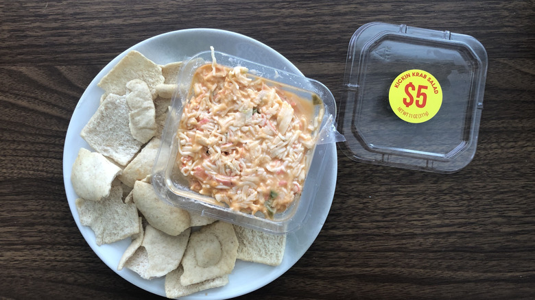 Kroger Kickin' Krab Dip on plate with pita chips.