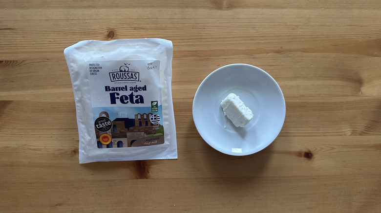 Roussas Barrel Aged Feta on small white plate