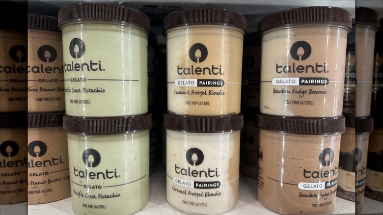 A view of several shelves dedicated to containers of Talenti gelato