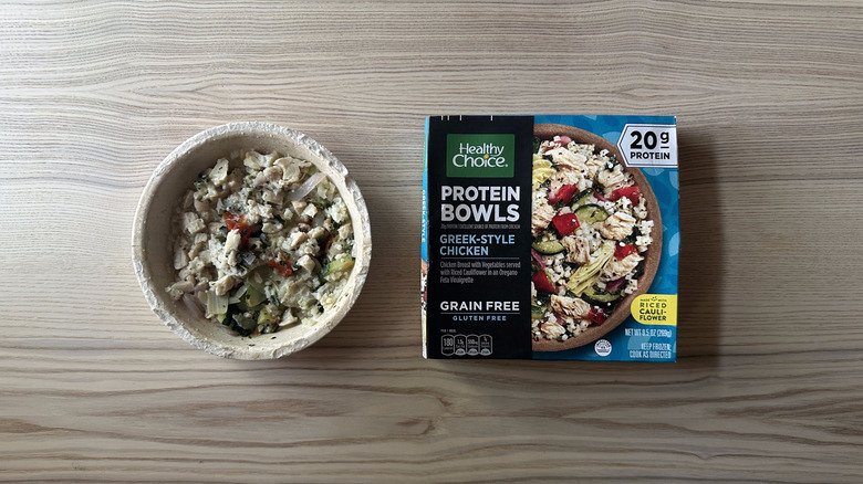 Healthy Choice Greek-Style Chicken Protein Bowl on wooden table