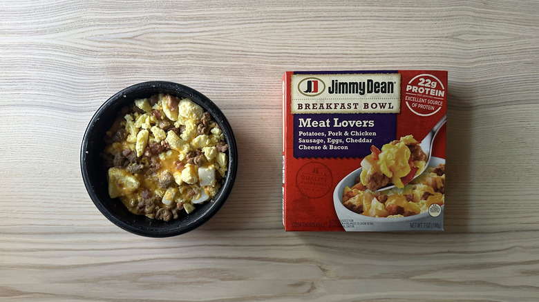 Jimmy Dean Meat Lovers Breakfast Bowl on wooden table