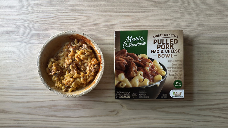 Marie Callender's Pulled Pork Mac and Cheese Bowl on wooden table