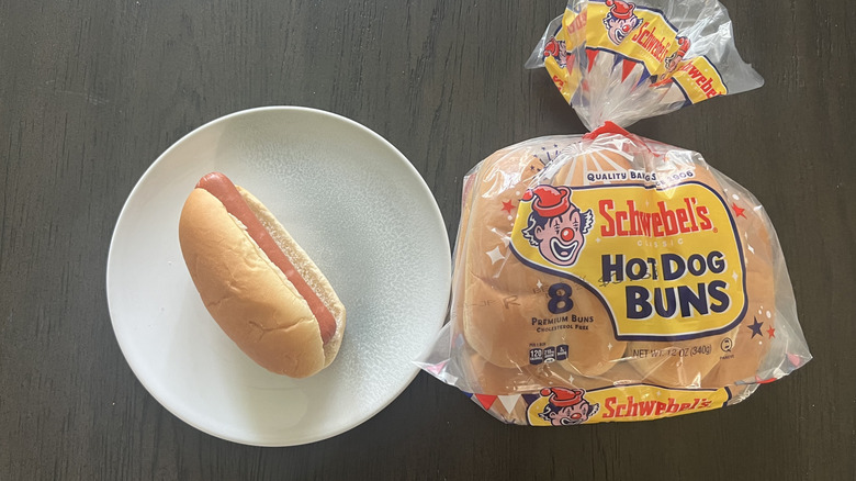 Schwebel's Hot Dog Bun bag with one hot dog on plate