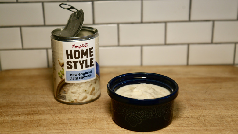can of chowder with bowl