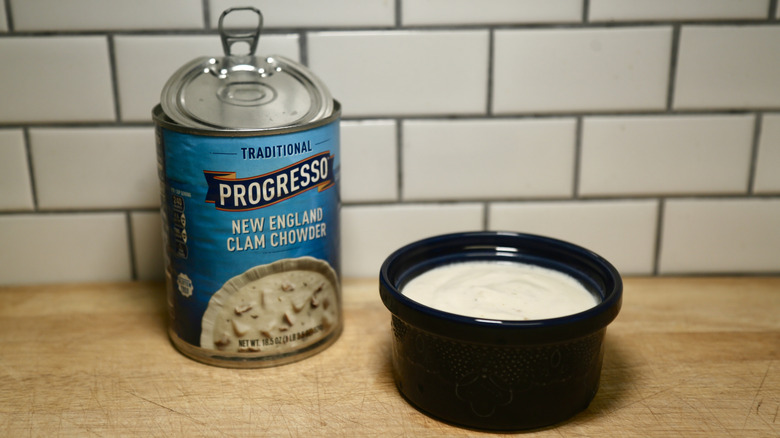 can of chowder with bowl