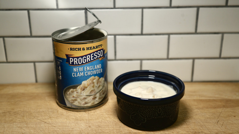 can of chowder with bowl