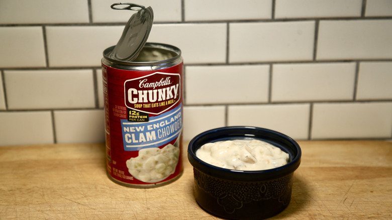 can of chowder with bowl