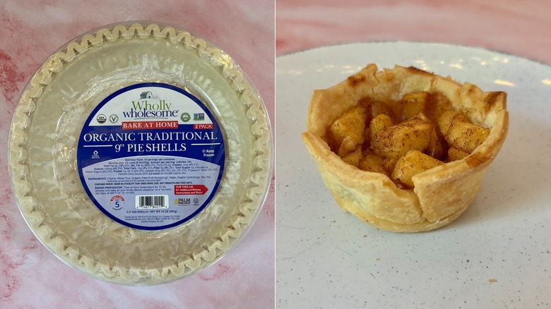 Wholly Wholesome frozen pie crust next to small apple tart on plate