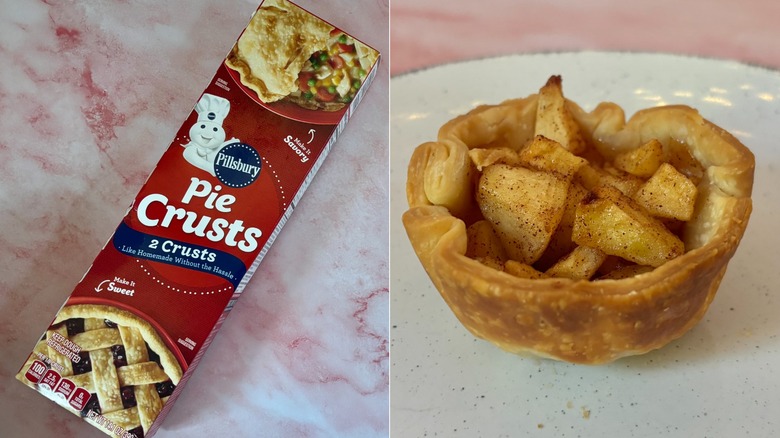 Pillsbury refrigerated pie crust next to small apple tart on plate