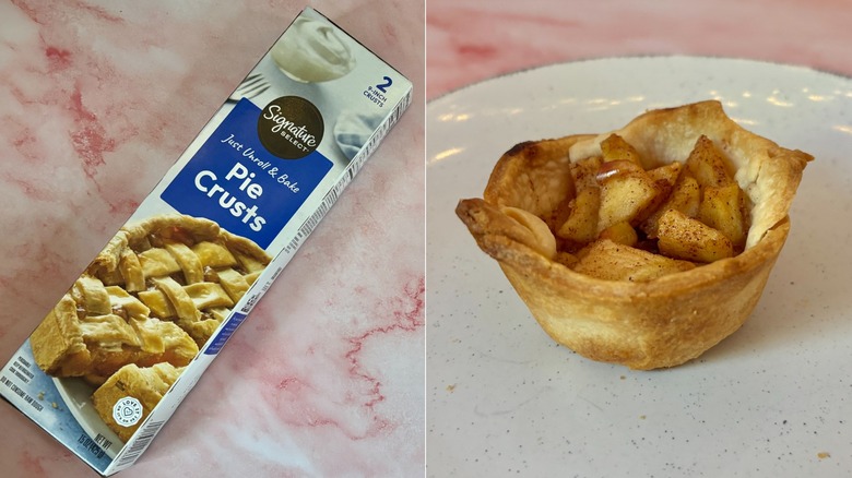 Signature Select refrigerated pie crust next to small apple tart on plate