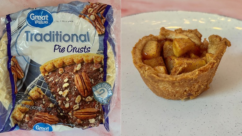 Great Value frozen pie crust next to small apple tart on plate
