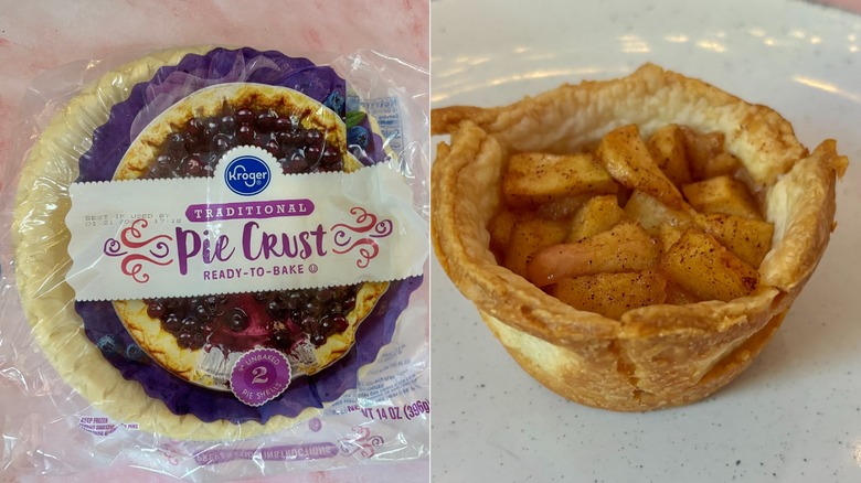 Kroger frozen pie crust next to small apple tart on plate