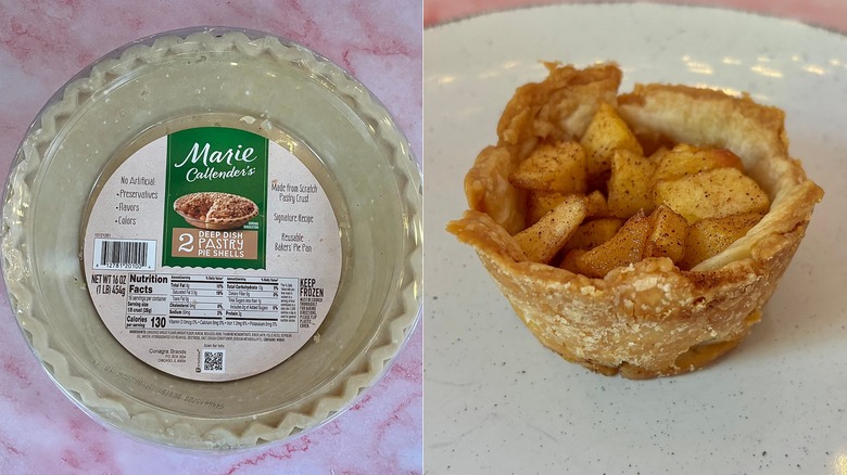 Marie Callender's frozen pie crust next to small apple tart on plate