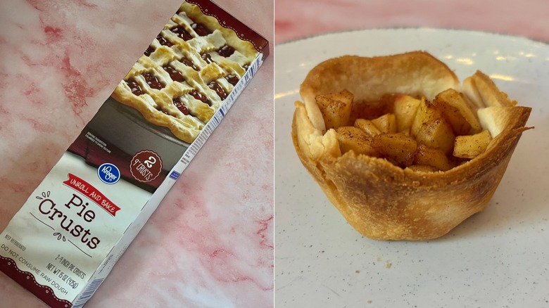 Kroger refrigerated pie crust next to small apple tart on plate